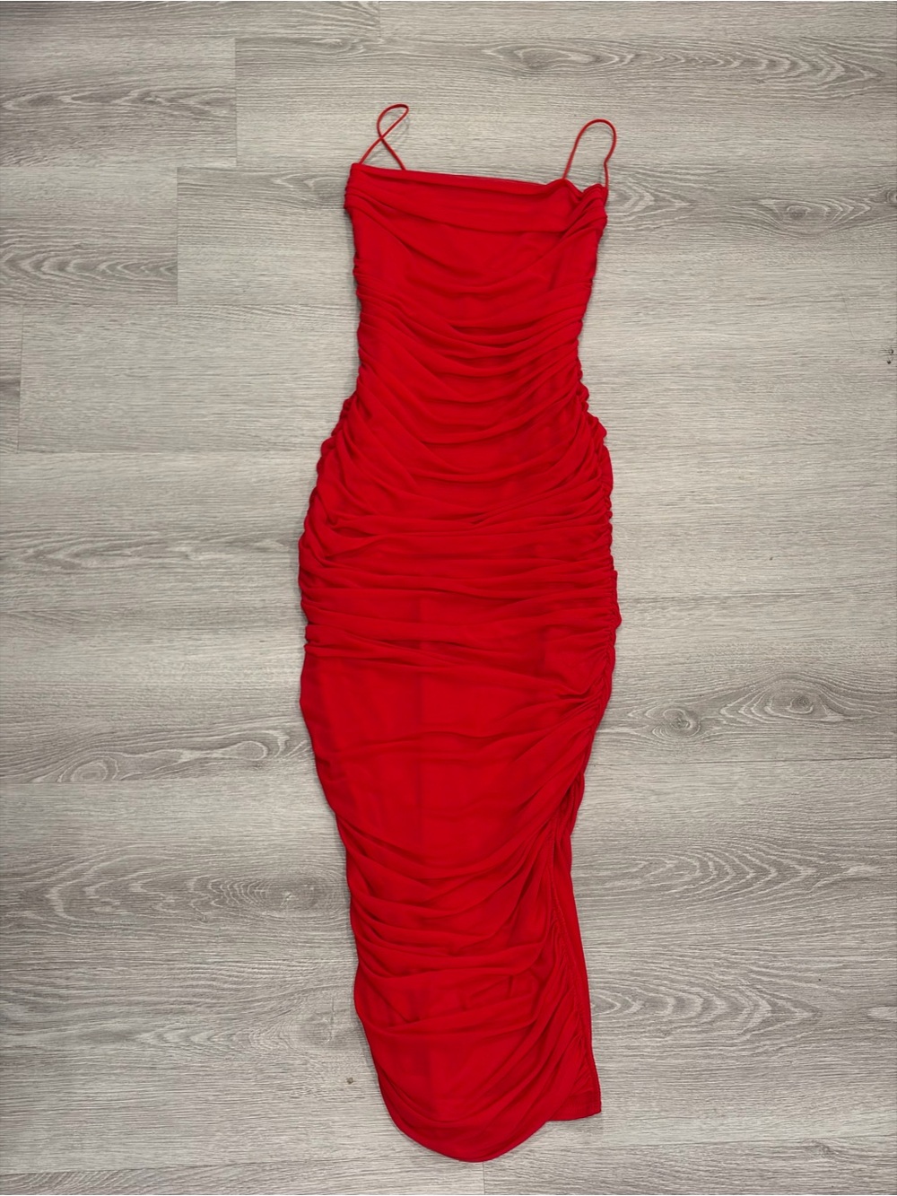 Kleio Red Ruched Mesh Bodycon Maxi Dress – Size S